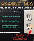 Image showing electrical outlet with text highlighting how to fix recessed outlets using Three Eighths Inch Single Gang Outlet Box Extenders Pack Of Three, UL Listed Pro Grade Electrical Box Extenders For Outlets And Switches, Flush Mount With Wall, Gap Free, Safe Nonflammable Material.