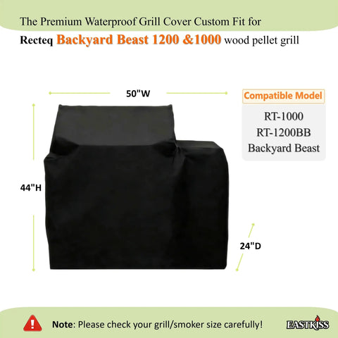 Heavy Duty Waterproof Pellet Grill Cover For Backyard Beast 1200 And RT 1000 Wood Pellet Grills Fade Resistant Outdoor Shield Weatherproof Dustproof Rain Guard That Fits Recteq 1200BB RT 1000 And Similar Sized Smokers in black 600D polyester.