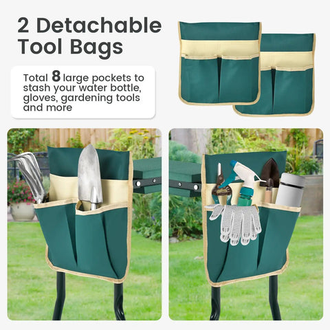 Garden Kneeler And Seat 2 In 1 Folding Gardening Stool with EVA Foam Pad and Heavy Duty Metal Frame, detachable tool bags shown.