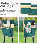 Close-up of Garden Kneeler And Seat Folding Heavy Duty Bench showing detachable tool bags with gardening tools inside, 8 pockets visible.
