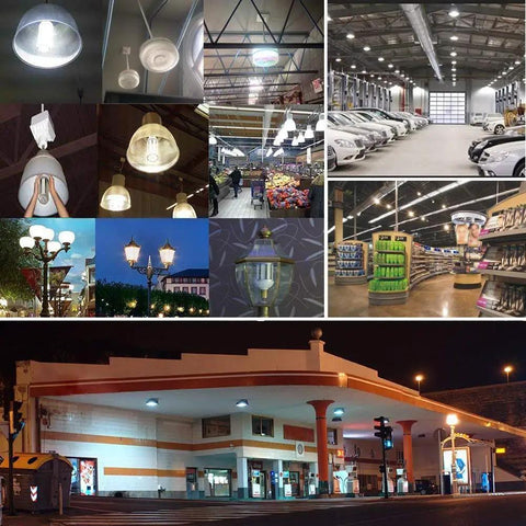 Various indoor and outdoor scenes showcasing Two Pack 60W LED Corn Light Bulbs 6000 Lumens 6500K Daylight White E26 E27 Base installed.