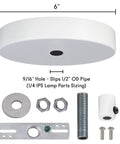 Six Inch Pendant Canopy Kit With Lamp Cord Strain Relief And Ceiling Light Plate Cover For Hanging Chandelier Fixtures 25 Pound Weight Rating One Quarter Inch IPS Mounting Hardware Included Made In USA White, showing parts and dimensions