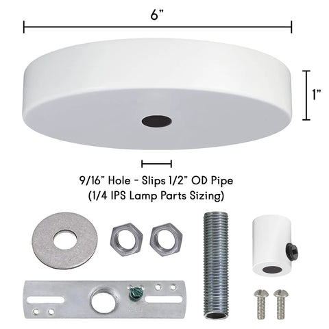 Six Inch Pendant Canopy Kit With Lamp Cord Strain Relief And Ceiling Light Plate Cover For Hanging Chandelier Fixtures 25 Pound Weight Rating One Quarter Inch IPS Mounting Hardware Included Made In USA White, showing parts and dimensions