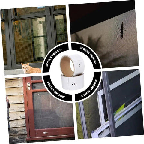 One Roll Window Screen Repair Tape With Tough Adhesive For Quick Patch Of Tears And Holes In Mesh Screens Windows And Doors Durable Net Tape For Easy DIY Fixes And Home Repairs, shown with screen doors and windows patch examples