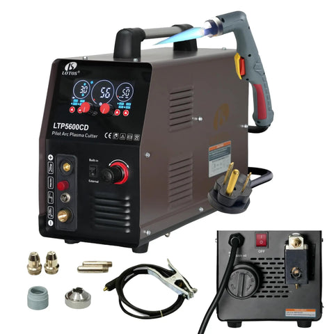 Apex LTP5600CD Plasma Cutter With Built In Air 56 Amp, featuring LED panel, torch, and accessories for clean and sever drag cuts.
