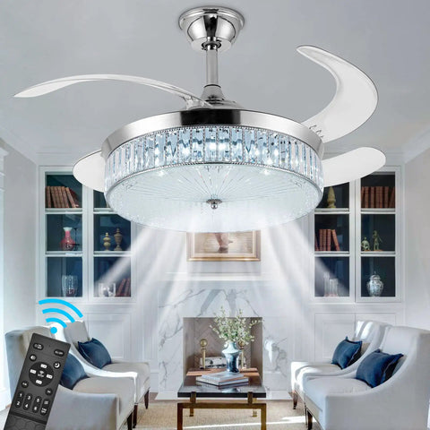 Lit Crystal Ceiling Fan With Lights 42 Inch LED Remote in living room, retractable blades, dimmable, elegant design
