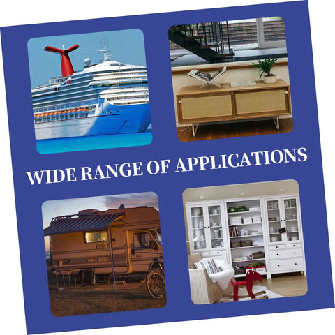 Keyless Push Button Cabinet Door Latch Built Tough Stainless Steel And Plastic Build shown on yacht, RV, furniture, and shelving.