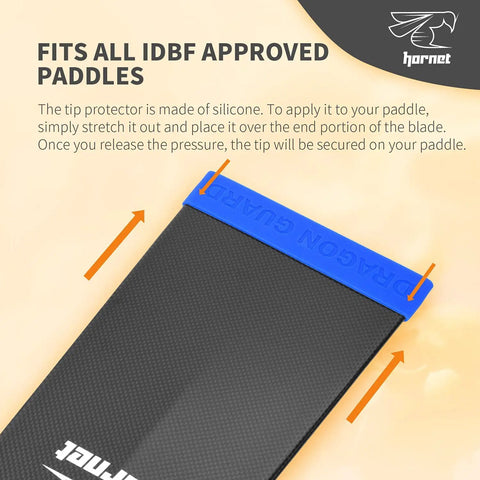 Paddle Tip Protector Silicone Guard For IDBF Approved Paddles, Easy Stretch-On Shield Between Races And For Transport in blue, shown installed on a paddle tip.
