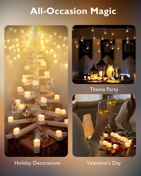 Homemory 24-pack flameless LED tea lights; holiday centerpiece with a white wooden candle tree and tabletop scenes.