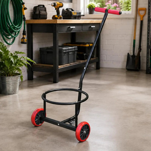 Bucket Cart Hand Truck With Circular Angled Handle And Foam Cushioned Grip For Easy Rolling Of Heavy Loads On Indoor And Outdoor Floors For Home Or Patio Use White Two Wheel Utility Cart With Non Marking Casters And Durable Frame, black metal frame with red wheels