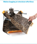 Person placing leopard-print bags on Chrome Grocery Bag Holder Stand, Space Saving Organizer For Easy Bag Storage, Fits 11.5 W By 6 D By 21 H Inches Bags