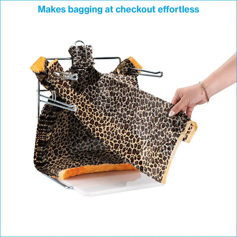 Person placing leopard-print bags on Chrome Grocery Bag Holder Stand, Space Saving Organizer For Easy Bag Storage, Fits 11.5 W By 6 D By 21 H Inches Bags