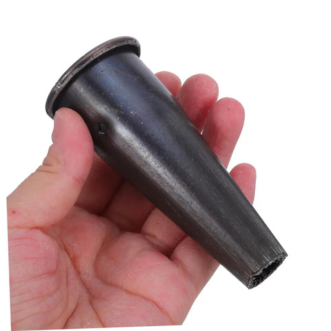 Hand holding a tapered steel piece from the 5 Pcs Steel Tapered Sleeve Handle Connectors For Garden Hoe And Rake Replacement Ferrule Parts