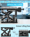 Z Axis Manual Lift Platform With Precision Positioning Stage And Fine Adjustment Slider Micro Positioner Lab Jack Elevator angle view with adjustment knob and scale.