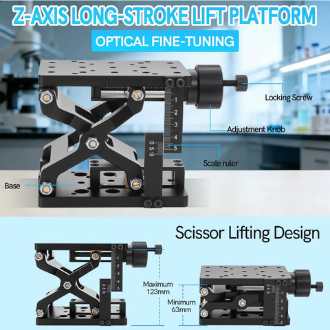 Z Axis Manual Lift Platform With Precision Positioning Stage And Fine Adjustment Slider Micro Positioner Lab Jack Elevator angle view with adjustment knob and scale.