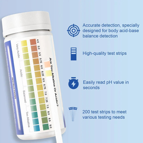 Must Have At Home pH Test Strips 4.5 To 9.0, 200 Count Litmus Paper for body acid-base detection, with color chart.