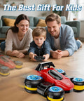 Family with child playing with High Speed RC Drift Stunt Car With Upright Driving, Sideways Moves, 360 Spin Tricks, and Deformation Capabilities, Red and Yellow Finish for Epic Remote Control Fun on wooden floor
