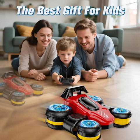 Family with child playing with High Speed RC Drift Stunt Car With Upright Driving, Sideways Moves, 360 Spin Tricks, and Deformation Capabilities, Red and Yellow Finish for Epic Remote Control Fun on wooden floor