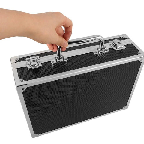 Hand holding the handle of a Lockable Aluminum Alloy Toolbox With Ergonomic Handle Rock Solid Portable Storage Case For Mechanics And Builders.