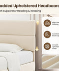 Queen Size Platform Bed Frame With Plush Velvet Headboard And Extra Thick Wooden Slats Delivers Rock Solid Mattress Support For Major Room Refresh Vibes And Hassle Free Setup In Beige with padded upholstered headboard.