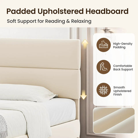 Queen Size Platform Bed Frame With Plush Velvet Headboard And Extra Thick Wooden Slats Delivers Rock Solid Mattress Support For Major Room Refresh Vibes And Hassle Free Setup In Beige with padded upholstered headboard.