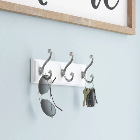 Wall Mounted Coat Rack With Three Slick Decorative Hooks 10 Inch Satin Nickel And White Finish Holds Up To 35 Lbs Perfect For Foyer Hallway Bedroom Or Bathroom Organization