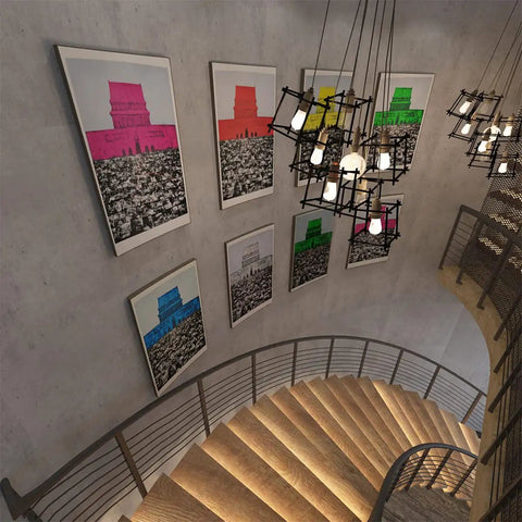 Spiral staircase with art on walls, featuring Extra Wide Concrete Texture Peel And Stick Wallpaper Grey Contact Paper 32x394 Inch Matte Thick Adhesive Waterproof Vinyl Wall Sticker For Bedroom And Living Room No Fuss Install