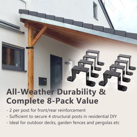Beefy 4x4 Post Brackets Set 8 Pack U Fence Brackets For 3.5x3.5 Inch Wood Posts shown with brackets and wood posts installation.