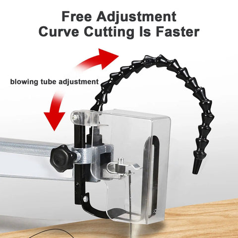 Professional Desktop Scroll Saw With Tiltable Metal Work Table Bright Led Lamp And Quick Speed Adjustments For Killer Curve Cuts Across Wood Plastic And Thin Sheet Metal Projects showing adjustable blowing tube for improved cutting.