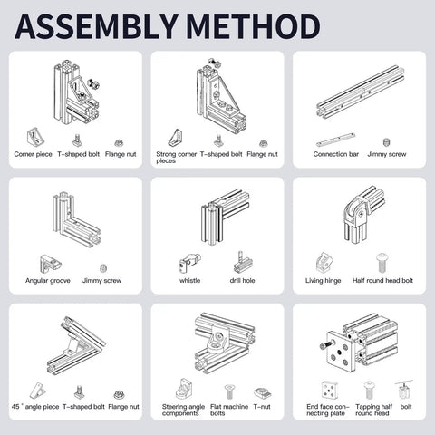 Assembly method for Eight 1000mm 2040 V Slot Aluminum Extrusion Profiles Silver, showing various connection pieces and details.