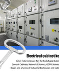 Universal 6mm Hole Electrical Cabinet Key For Switchgear, Control, Network And GGD Cabinets, shown against industrial panels