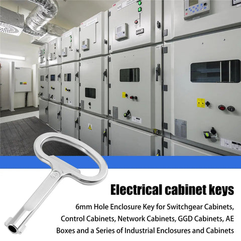 Universal 6mm Hole Electrical Cabinet Key For Switchgear, Control, Network And GGD Cabinets, shown against industrial panels