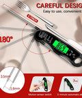 Digital Meat Thermometer With IP67 Waterproof, Backlit Display, showing 86°F, alongside stainless steel probe and fork, 180° rotation