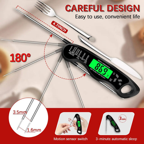Digital Meat Thermometer With IP67 Waterproof, Backlit Display, showing 86°F, alongside stainless steel probe and fork, 180° rotation