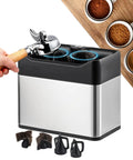 Electric Espresso Puck Cleaner And Quiet Coffee Knock Box Smooth Operator Portafilter Cleaning Station, silver countertop model in use.