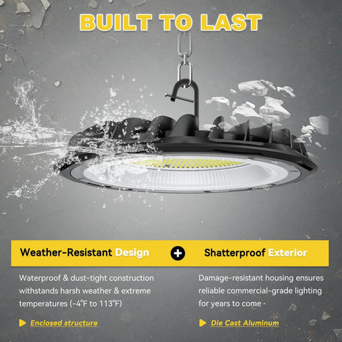 Ultra Bright 155W UFO LED High Bay Light With 22500 Lumen Output, 5000K Daylight, IP65 Waterproof, ETL Listed, US Plug shown