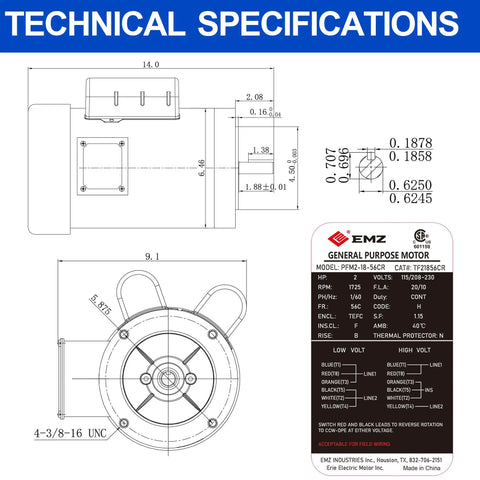 Rock Solid Two Horsepower Farm Duty Electric Motor 1725 Rpm Ac Pump Motor 115 208 230 Volt Nema 56c C Face Mount technical specifications diagram