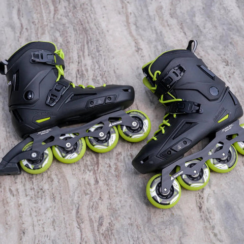 Black and yellow Lightning Inline Skates for men with lever lock memory lacing on urban street ready shoes