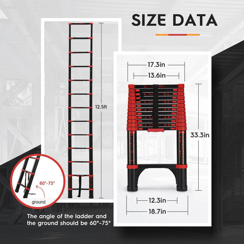 Telescoping Extension Ladder 12.5 Ft Red Aluminum Lightweight All Purpose Ladder With Dual Triangle Stabilizers For Rock Solid Stability And 330 Lbs Max Load Great For RV Camping Home Garage Outdoor Projects, showing size data and angle recommendations.