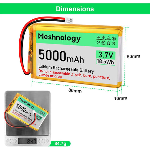 High Capacity 3.7V 5000mAh LiPo Battery with USB Charger Cable 1S Protection Board Insulated Rubber Tape and PH2.0 Plug dimensions