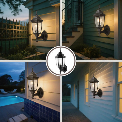 Photocell Dusk To Dawn Outdoor Wall Light With Weatherproof Die Cast Aluminum And Glass Hands Free Auto On Off Wet Location Rated E26 Base 60W Max Ideal For Porch Garage And Garden Black Finish mounted on exterior walls