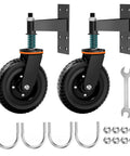 Heavy Duty 8 Inch Fence Gate Wheels Set for Metal Tube Gates and Wooden Fences, 600 Lb Per Wheel, shown with screws and tools