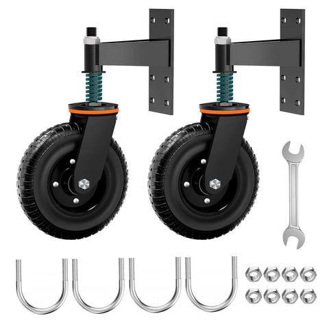 Heavy Duty 8 Inch Fence Gate Wheels Set for Metal Tube Gates and Wooden Fences, 600 Lb Per Wheel, shown with screws and tools