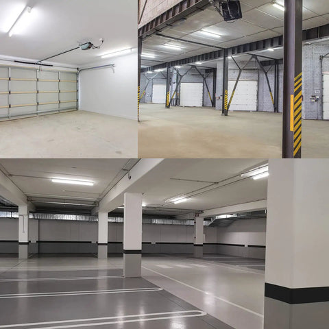 Various garages and workshops with installed Slim 3 Foot LED Shop Light Fixture, 25W, 3450 Lumens, 3 Color Temperature Options.