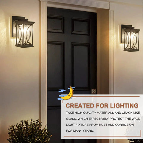 Outdoor Wall Lanterns With Dusk To Dawn Sensor Sleek Black Aluminum Exterior Light Fixture With Crack Like Glass Durable IP65 Waterproof Sconce For Porch Garage Front Door