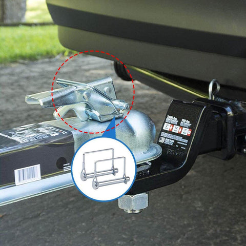 Eight Pack 3 Eighths Inch By 4 Inch Trailer Coupler Pins Heavy Duty Wire Lock Pins For Towing Hitch Secure PTO Shaft Locking Pin Fits Trailers RVs Boats Farm Equipment installed on a trailer hitch