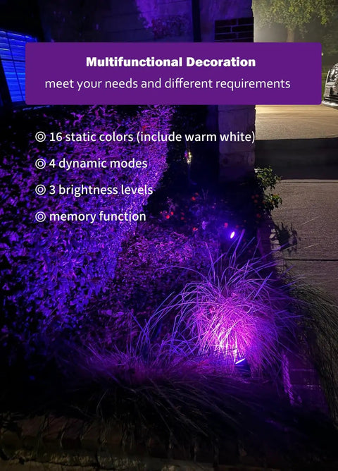 4 In 1 RGBW Low Voltage Landscape Lighting Kit With Plug In Transformer for Yard highlighting purple garden bush at night