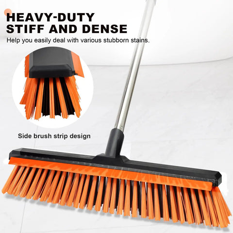 18 Inch Push Broom Outdoor With Rubber Squeegee for Heavy Duty Cleaning, showing stiff bristles and handle