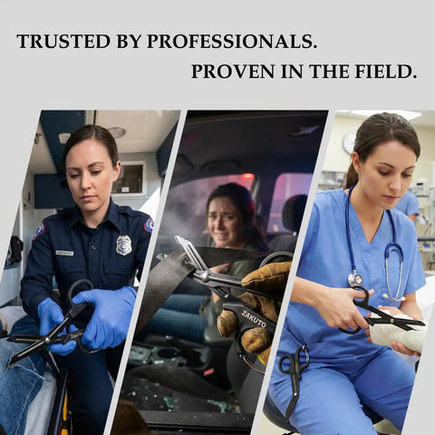Two Pack 8 Inch Trauma Shears With Carabiner Clip For EMS Crews, Nurses, And First Responders, Heavy Duty EMT Medical Scissors For Ambulance Or Hospital Use, Durable Medical Shears You Can Carry On The Go, shown in ambulance and hospital use