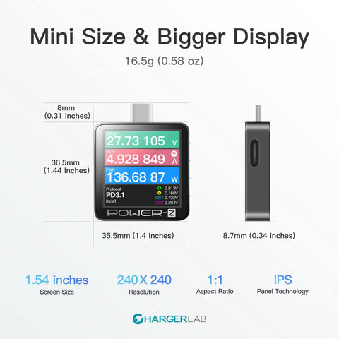 KM003C Portable USB C Fast Charging Tester With PD 3.2 And QC5.0 Digital Voltmeter dimensions and display features